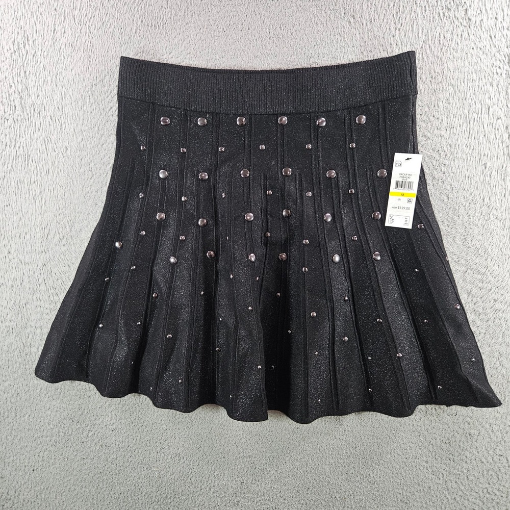 DKNY Womens Black Shimmer Studded Ribbed Knit Flare Skirt Medium New